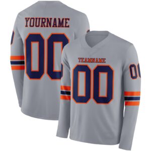Custom Gray Navy-Orange Long Sleeve Authentic Football Jersey
