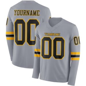 Custom Gray Black-Gold Long Sleeve Authentic Football Jersey
