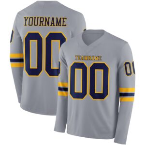 Custom Gray Navy-Gold Long Sleeve Authentic Football Jersey