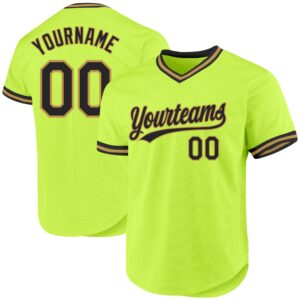 Custom Neon Green Black-Old Gold Authentic Throwback Baseball Jersey