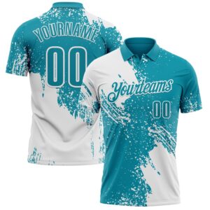 Custom White Teal 3D Pattern Design Abstract Brush Stroke Performance Polo Shirt