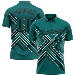 Custom Teal Black-White 3D Pattern Design Geometric Shapes Performance Polo Shirt