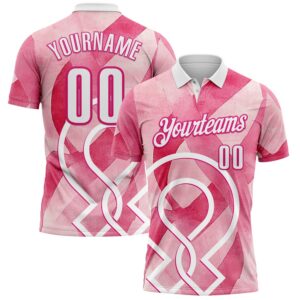 Custom Pink White-Hot Pink 3D Pink Ribbon Breast Cancer Awareness Performance Polo Shirt
