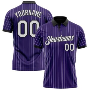 Custom Purple White Pinstripe-Black Performance Polo Shirt